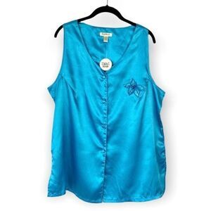 Ashley Stewart Turquoise Blue Floral Embroidered Satin Sleeveless Top NWT